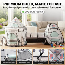 Close-up features of a premium build rocket tent showing the breathable mesh, roll-up door, and secure pole straps.