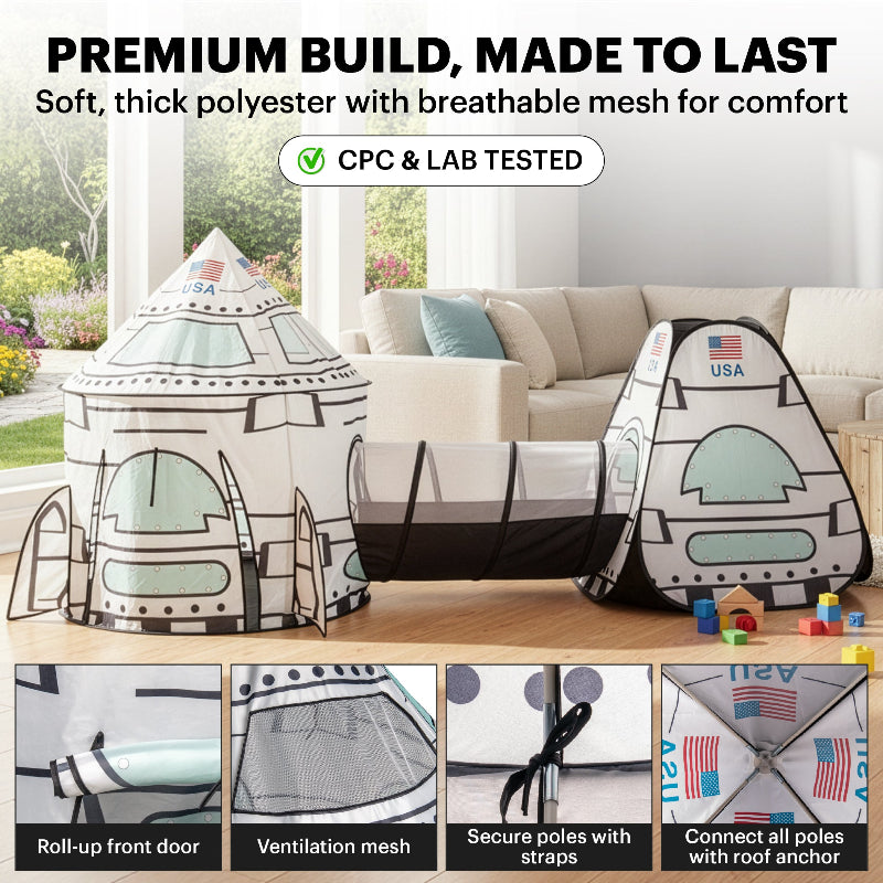Close-up features of a premium build rocket tent showing the breathable mesh, roll-up door, and secure pole straps.