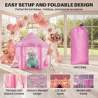 A pink unicorn play tent shown at a birthday party with a balloon arch, highlighting features like star lights and a carry bag.