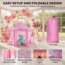 A pink unicorn play tent shown at a birthday party with a balloon arch, highlighting features like star lights and a carry bag.