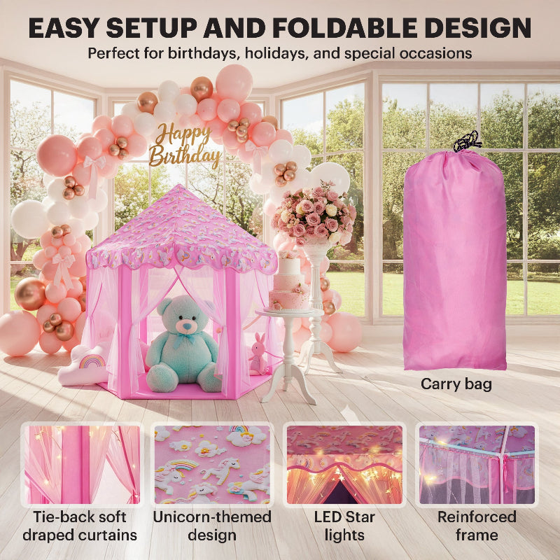 A pink unicorn play tent shown at a birthday party with a balloon arch, highlighting features like star lights and a carry bag.