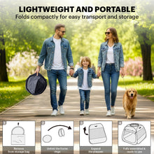A woman carrying the lightweight folded trapezoidal playpen while walking her dog, featuring a 4-step 'W' folding design diagram for easy setup.