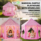 Three lifestyle views of a kids princess play tent used in a bedroom, a backyard, and as a birthday party decoration.