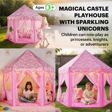 Three lifestyle views of a kids princess play tent used in a bedroom, a backyard, and as a birthday party decoration.