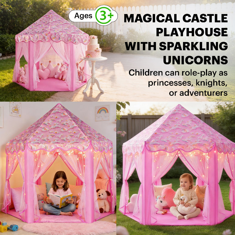 Three lifestyle views of a kids princess play tent used in a bedroom, a backyard, and as a birthday party decoration.