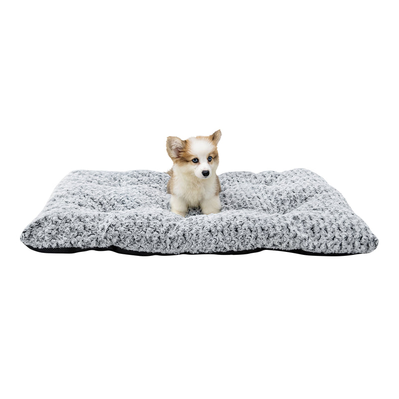 Plush grey dog bed mat featuring a small puppy with blue eyes, showcasing the soft rose pattern velvet texture and rectangular design on a white background.