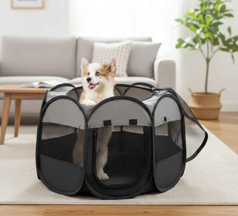 A fluffy puppy with blue eyes standing inside a grey and black portable octa pet playpen with the mesh top opened in a modern living room setting.
