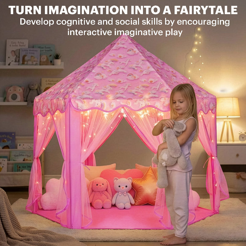 A young girl holding a stuffed animal next to a glowing pink princess tent in a cozy, modern bedroom setting.