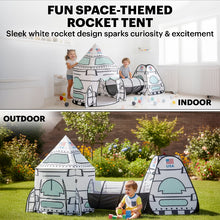 Split view of children playing in a rocket ship playhouse both indoors on a white floor and outdoors on a green lawn.