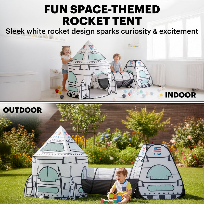 Split view of children playing in a rocket ship playhouse both indoors on a white floor and outdoors on a green lawn.
