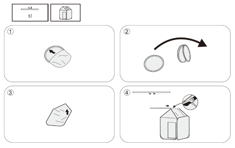 A four-step diagram showing how to unfold the pop-up tent and insert the support poles into the roof sleeves for setup.