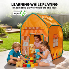 Three young children playing with stuffed animals and colorful building blocks inside and outside a bright orange grocery-themed play tent in a sunny backyard.