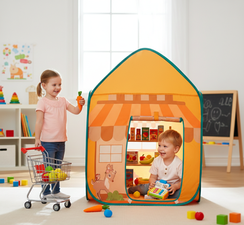 A young girl holding a toy carrot and pushing a miniature shopping cart toward a boy sitting inside the orange grocery play tent holding a toy cash register.