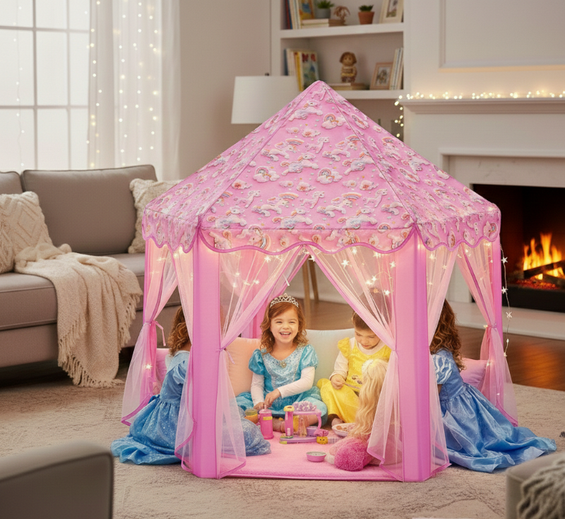 A young girls smiling and role playing as  princesses inside a pink unicorn-themed princess play tent with star LED lights.