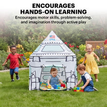 Three toddlers enjoying active play with a rocket ship play tent in a lush outdoor garden setting to develop on motor skills, problem solving, and imagination through active play.