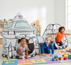 3-piece kids rocket ship play tent with a connecting tunnel and space capsule in a sleek white and blue design.