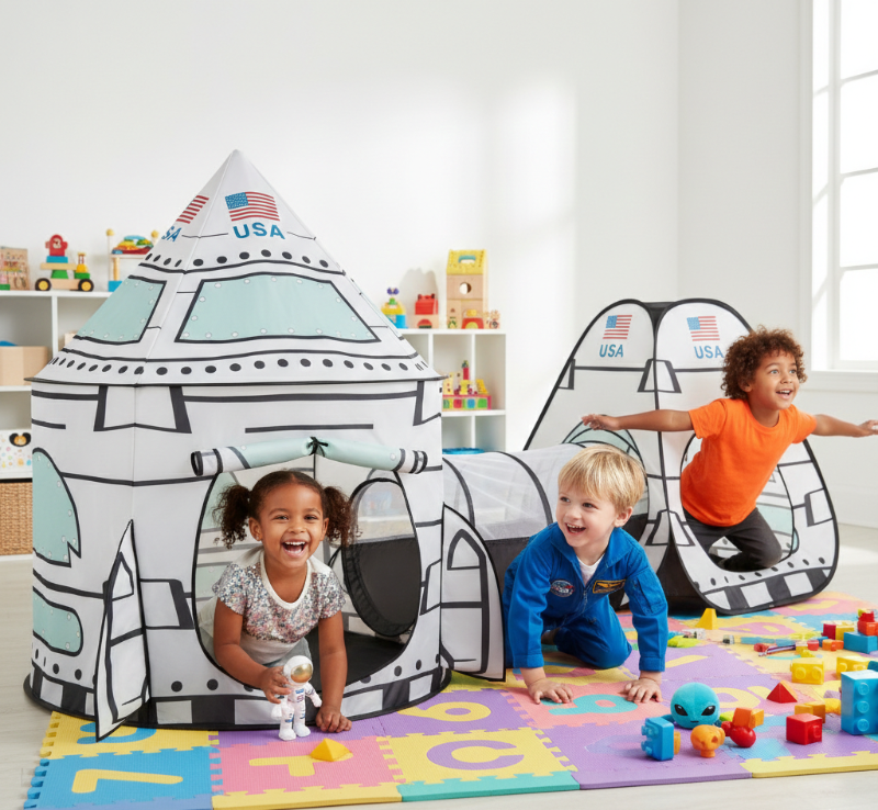3-piece kids rocket ship play tent with a connecting tunnel and space capsule in a sleek white and blue design.