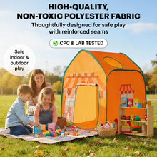 A mother and two children playing with a toy market stall and grocery items on a picnic blanket next to an orange play tent in a park; includes a "CPC & Lab Tested" badge.