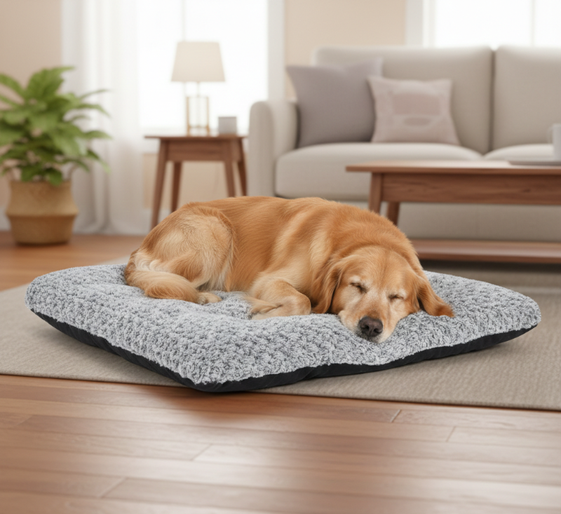 A large golden retriever sleeping comfortably on a thick, grey fleece-top orthopedic pet bed placed on a wooden floor in a modern living room
