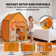 Infographic showing the kids' grocery tent features including an open window, large entrance with closure, and a close-up of the durable reinforced seams