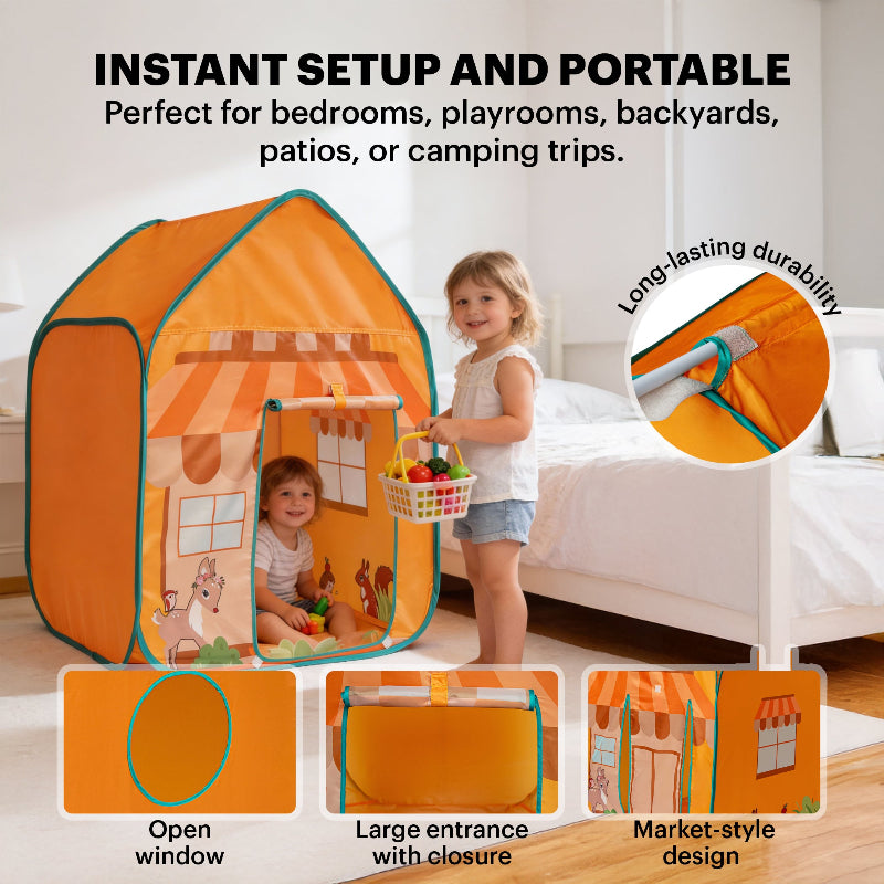 Infographic showing the kids' grocery tent features including an open window, large entrance with closure, and a close-up of the durable reinforced seams