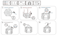 A 6-step diagram showing how to assemble the kids princess play tent frame, fabric, and star lights.