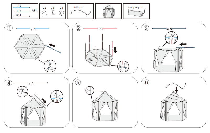A 6-step diagram showing how to assemble the kids princess play tent frame, fabric, and star lights.