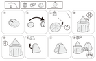 Step-by-step assembly instructions for the 3-piece rocket ship play tent and tunnel set.