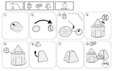 Step-by-step assembly instructions for the 3-piece rocket ship play tent and tunnel set.