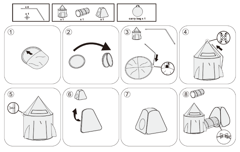 Step-by-step assembly instructions for the 3-piece rocket ship play tent and tunnel set.