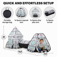 Product dimensions diagram for the kids rocket ship play tent showing heights, lengths, and included storage bag