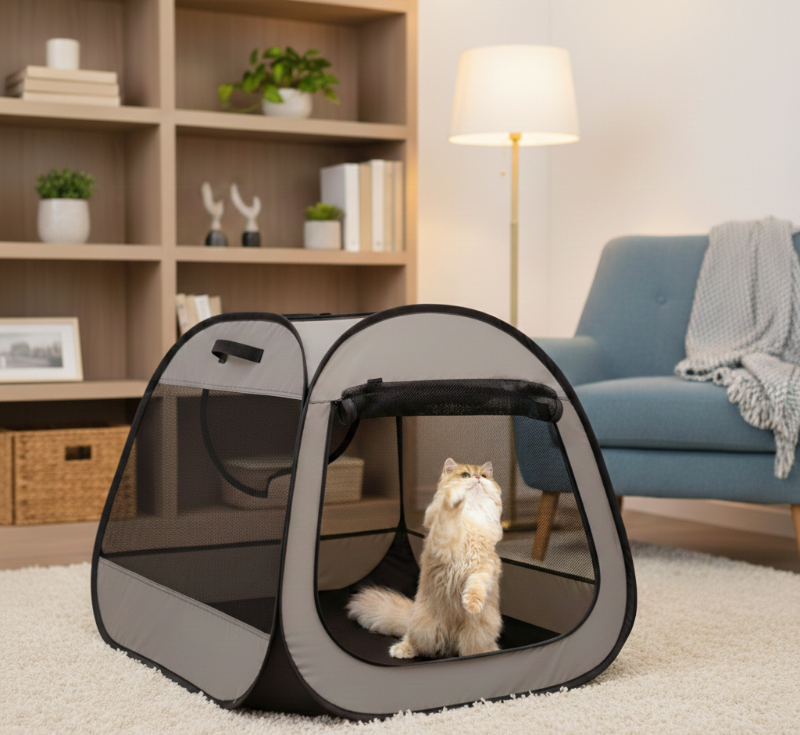 A fluffy cat sitting inside the grey trapezoidal pet playpen with its mesh top open in a brightly lit modern living room.