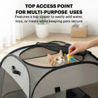 A cat sitting inside the grey trapezoidal pet playpen with the top mesh zippered cover fully opened for easy access.