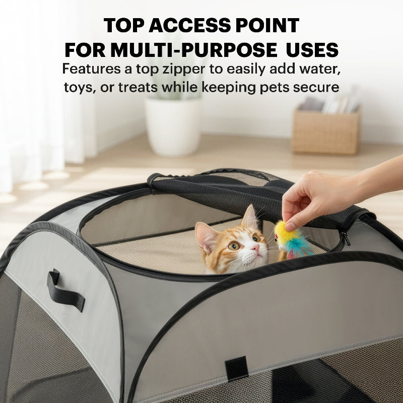 A cat sitting inside the grey trapezoidal pet playpen with the top mesh zippered cover fully opened for easy access.