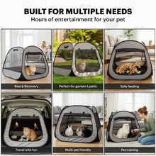 Trapezoidal pet playpen shown in various scenarios: puppy training, safe feeding for cats, outdoor grass play, rest and recovery, indoor play area, and travel-friendly car use