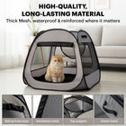 Technical details of the quality and durable trapezoidal playpen featuring water-resistant 600D oxford cloth, reinforced seams, roll-up door, and removable mesh top for ventilation
