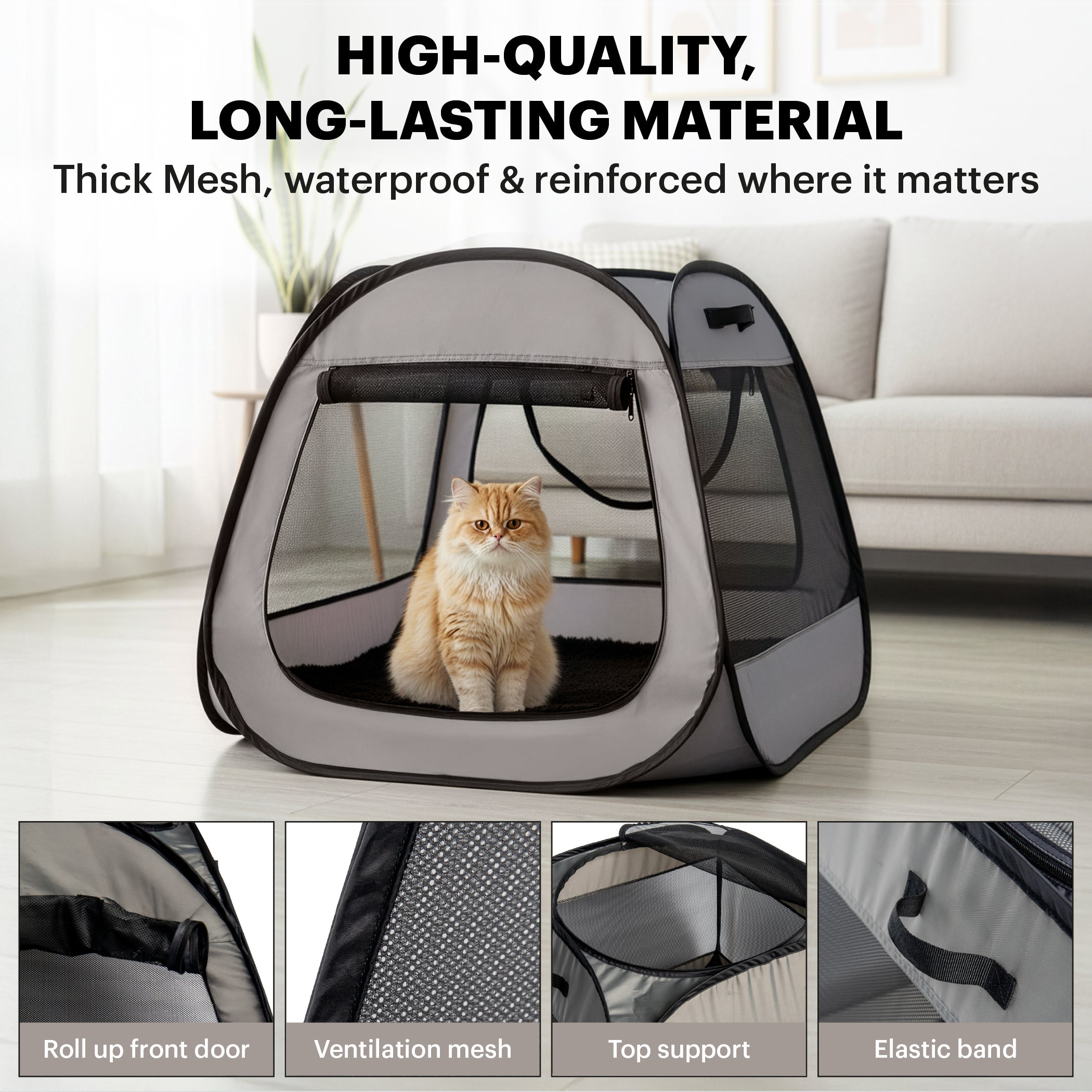 Technical details of the quality and durable trapezoidal playpen featuring water-resistant 600D oxford cloth, reinforced seams, roll-up door, and removable mesh top for ventilation