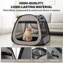 Technical details of the quality and durable trapezoidal playpen featuring water-resistant 600D oxford cloth, reinforced seams, roll-up door, and removable mesh top for ventilation