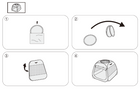 Line art diagram showing 4 steps to unpack and unfold the trapezoidal dog and cat playpen from its storage bag