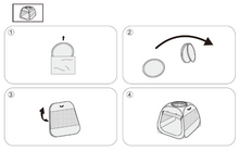 Line art diagram showing 4 steps to unpack and unfold the trapezoidal dog and cat playpen from its storage bag