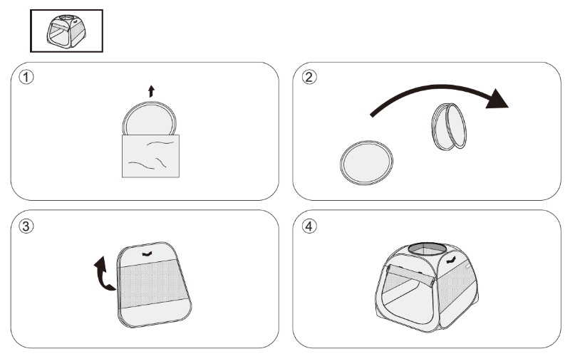 Line art diagram showing 4 steps to unpack and unfold the trapezoidal dog and cat playpen from its storage bag